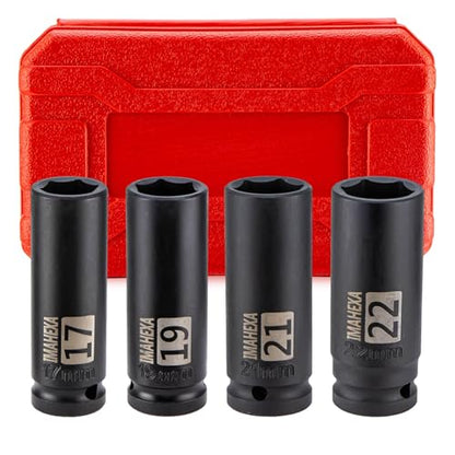 1/2" Drive Deep Large Impact Socket Set, 4-Piece Spindle Axle Nut Metric 6 Point Sockets Set, Metric Sizes(17,19,21,22mm),CO-MO Meterial - size: 1/2 Metric 4Piece