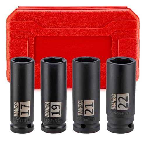 1/2" Drive Deep Large Impact Socket Set, 4-Piece Spindle Axle Nut Metric 6 Point Sockets Set, Metric Sizes(17,19,21,22mm),CO-MO Meterial - size: 1/2 Metric 4Piece