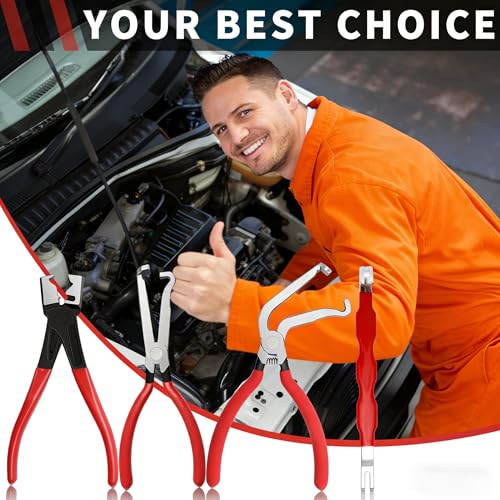 5-Pcs Kit Electrical Disconnect Pliers Set with Gloves - Auto Connector Tool for Fuel Line, Wiring, Sensors & Coils | Quick-Release Car Truck Repair (Red)