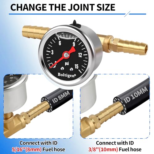 Boltigen Fuel Pressure Gauge, 0-15psi Fuel Pressure Gauge Kit, Glycerin Filled Fuel Pressure Regulator with Gauge for Car, 1/8'' NPT Inline Fuel Pressure Guage with 3/8'' 5/16'' Barb, Black - color: Black