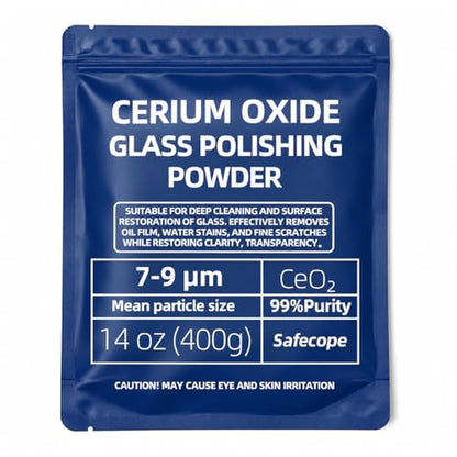 14 oz (400g) 99% Cerium Oxide Glass Polishing Powder (7-9 Um) – Removes: Oil Films, Water Spots, Swirl Marks, Wiper Streaks, Removes Fine Scratches & Deep-Cleans Glass Surfaces.