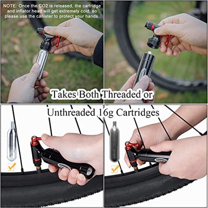 CXWXC CO2 Inflator with 4 x 16g CO2 Cartridges & Tubeless Tire Repair Kit - Presta/Schrader Valve Compatible - Bicycle Tire Pump for Road and Mountain Bikes