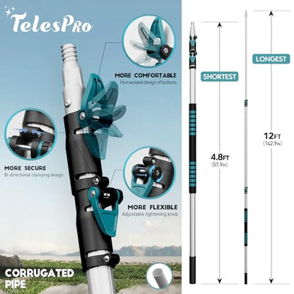 TelesPro 12FT Car Wash Brush with Long Handle, Car Cleaning Kit with Soft Wash Brush, Tire Brush, Window Squeegee, Microfiber Cleaning Head, Mitt, for House Siding, Auto Cars, Trucks, SUV, RV, Floors
