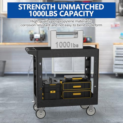 Large Garage Plastic Utility Cart, Heavy Duty 2 Shelf Tool Cart Service Cart Rolling Push Carts with Ergonomic Handle 5" Swivel Casters. - color: Black, size: 34 x 17 Inch