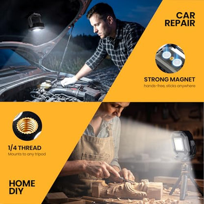 2-Pack 6000mAh Rechargeable LED Work Light, 16Hrs Long-Lasting 1200LM Waterproof Magnetic Job Site Lighting, 180° Rotating 4 Modes 6500K Work Lamp for Car Repair Mechanic Camping Fishing Emergency - color: Gray