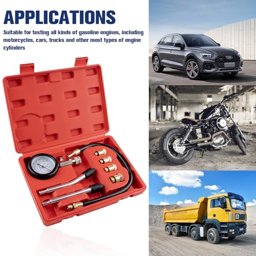 8 pcs Compression Tester Kit, Petrol Pressure Tester Range of 0-300 Psi Engine Compression Tester Kit for Automotive Cars and Motorcycles, Compression Tester Small Engine with Portable Storage Box