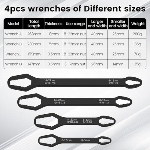 Universal Double Ended Wrench Set, 3mm-22mm Wrench Double-Head Self-Tightening Adjustable Wrench,Multifunctional Sink Tool Set for Home,Plumbing, Automotive Repair, Multi Size Bolt Removal,4PC - color: 4 Pcs