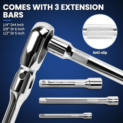 6-Piece Flex Head Ratchet Set, 1/4 3/8 1/2 Inch Drive, 72-Tooth 180° Swivel Head with Quick-Release, Includes Extension Bar & EVA Storage Case for Auto & DIY Repairs - color: 6pcs