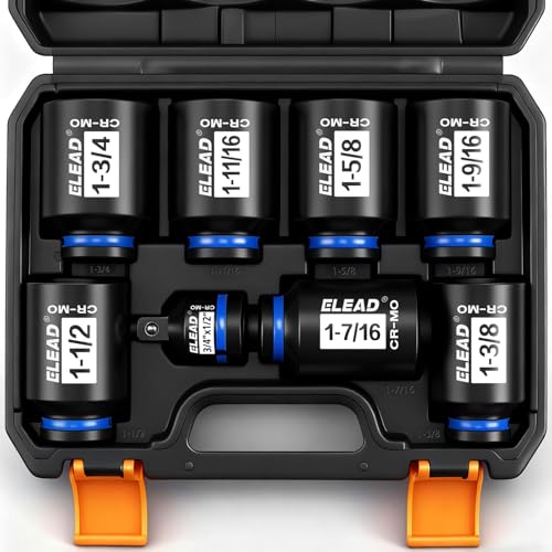 1/2'' Drive Deep Impact Socket Set, 8-Piece SAE Wheel Axle Nut Wrench Large Sockets Standard Adapter 1-11/16 1-9/16 1-3/8 1-7/16 1-1/2 1-5/8 1-3/4 Imperial Spindle Joint Torque Bearing Locknut Truck - style: SAE 6-Point