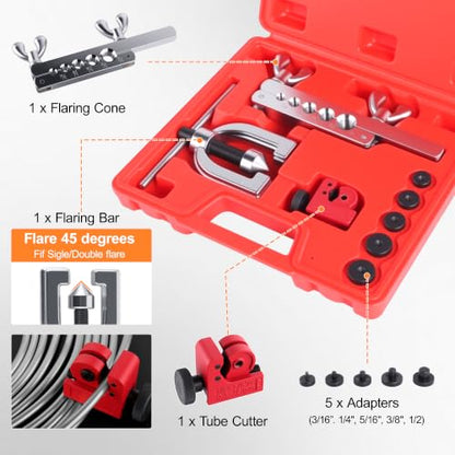3/16" Brake Line Repair Kit, Double & Single Brake Line Flaring Tool Kit + 25ft 3/16 Inch Zinc Coated Brake Line with 40 Pcs Fittings(4 Unions Included) + Brake Line Bender - color: Silver, size: 3/16"