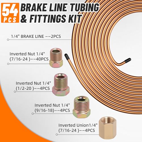 2 Sets 25 FT 1/4" Brake Line Tubing Assortment Kit with 54 Pcs Brake Line Fittings(7/16 Inch-24 Threads Nuts and Unions,1/2 Inch-20 Thread,9/16 Inch-18 Thread Nut) - size: 0.25 Inch