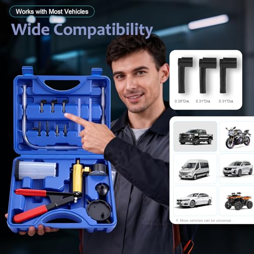 Handheld Vacuum Pump Brake Bleeder Kit with Pressure Gauge, Brake Fluid Bleeding Tool Set with Hoses, Adapters and Reservoir, Automotive Brake Bleeding & Vacuum Diagnostic Test Kit (-Blue-)