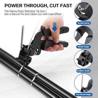 Stainless Steel Cable Tie Gun Kit, 300PCS 11.8 Inch Metal Zip Ties Heavy Duty with Cutting Tool, Self Locking Cable Tie Set for Fence, Exhaust, Pipe, Automotive & Outdoor Bundling Repair