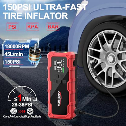 8000A Jump Starter with Air Compressor, 26800mAh 150PSI Portable Car Battery Jump Starter (All Gas/16L Diesel), 12V Supersafe Jump Box Car Battery Booster with Jumper Cables, Lights, Cigarette Lighter - size: L