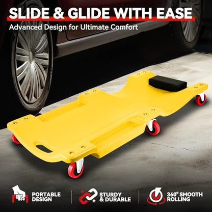 Auto Dynasty 36 Inches Mechanic Creeper, Automotive Garage Repair Low Profile Under Car Rolling Creeper with Padded Headrest, Plastic, Yellow - color: Yellow, size: 36" L