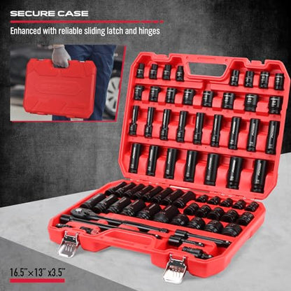 Master 1/2" Drive Impact Socket Set, 67-Piece Standard & Deep Master Impact Socket Set SAE 3/8"-1-1/4" & Metric 8-24mm Socket Set with Ratched Hand, Extension Bar, Reducer, Impact Universal Joint,Cr-V - style: 1/2" | 67-Piece Master Set