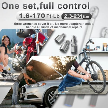 9PCS Torque Wrench Set 1/4 20-220 Inlb,3/8 5-45 &1/2 10-170 Ftlb,6 extension bar&adapter,±3% Accuracy,72 T,Dual Scale,Chrome plated, anti-rust,not scratch&wear-resistant than Black,DIY,car,bike&truck