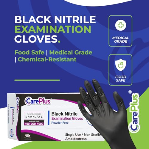 CARE PLUS Nitrile Gloves for Medical Use - Powder & Latex-Free - Black/Blue - S, M, L, XL - 100, 200, 1000 - color: Black, size: X-Large