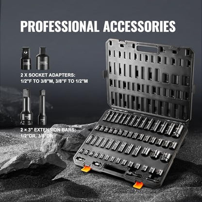 VEVOR Impact Socket Set 3/8" & 1/2" Socket Set 59PCS SAE 5/16" to 1-1/4" and Metric 6-32mm, 6 Point Cr-Mo Alloy Steel for Auto Repair, Easy-to-Read Markings, Rugged Construction, Storage Case - style: 1/2" & 3/8" 59PCS CR-MO