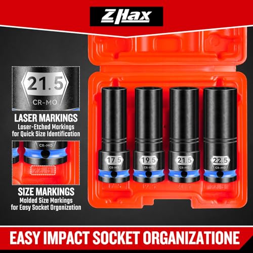 1/2" Drive Thin Wall Lug Nut Socket Set, 4 PCS Half Size Metric Impact Wheel Socket,17.5mm, 19.5mm, 21.5mm, and 22.5mm, Cr-Mo Steel For Damaged, Swollen and Stuck Lug Nuts