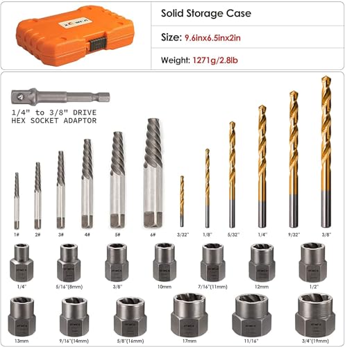 XEWEA 26PCS Screw & Bolt Socket Extractor with Left Drill Bit Set【with Hex Adapter】, Impact Easy Out Tools Stripped Screw Remover EZ Out Set for Damaged, Frozen, Rusted, Bolts, Nuts, Screws, Studs - size: 26PCS