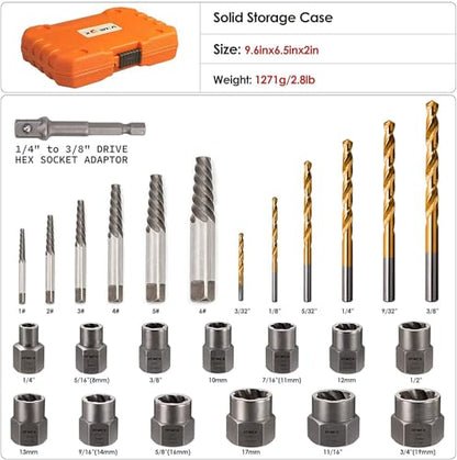 XEWEA 26PCS Screw & Bolt Socket Extractor with Left Drill Bit Set【with Hex Adapter】, Impact Easy Out Tools Stripped Screw Remover EZ Out Set for Damaged, Frozen, Rusted, Bolts, Nuts, Screws, Studs - size: 26PCS