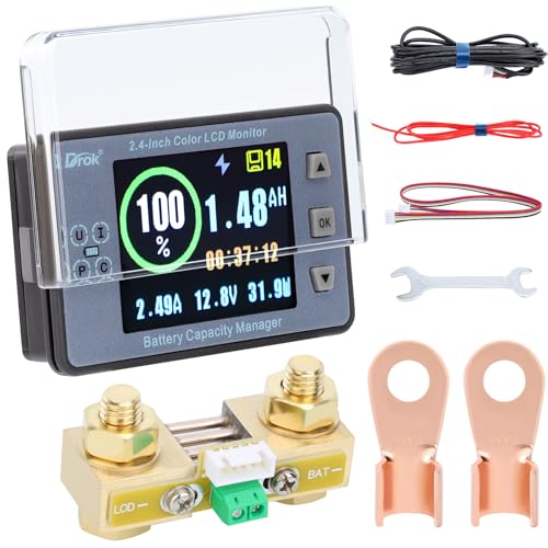 DROK Battery Coulometer, DC 8-100V 500A Split Type Multi Tester 12V 24V 36V 48V 60V Coulometer Watt Meter, Capacity Percentage Time Power Voltmeter Ampmeter for RV Solar Panel Golf Cart Car Audio - size: 500A/Base Unspecified