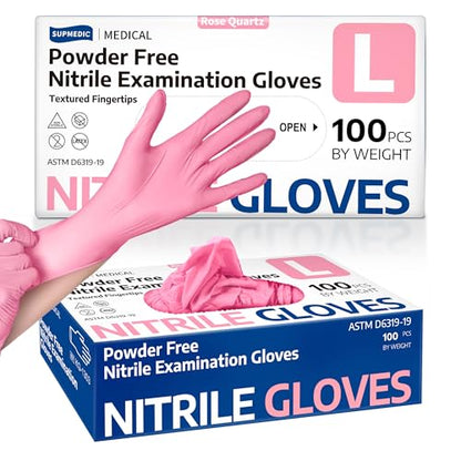 Supmedic Medical Nitrile Exam Gloves, 3.5 mil Powder-Free Food-Safe Disposable Glove for Cooking Cleaning Esthetician 100 Pcs - color: Large (Rose Quartz)