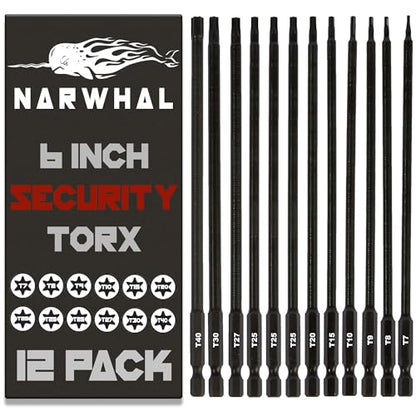 6" Long Torx Bit Set (12 Pack of Drill Bits with Case) Security Tamper Proof Star Design in T7, T8, T9, T10, T15, T20, T25 x 3, T27, T30, and T40 - style: Extra Long Torx Bits