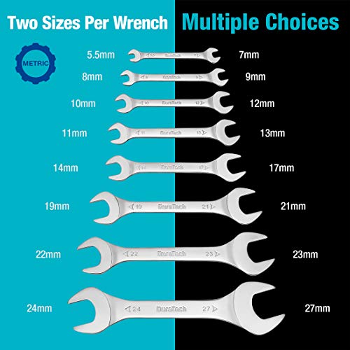 DURATECH Super-Thin Open End Wrench Set, Metric, 8-Piece, Including 5.5, 7, 8, 9, 10, 11, 12, 13, 14, 17, 19, 21, 22, 23, 24, 27 mm, Slim Spanner Set with Rolling Pouch - color: Silver, size: Metric