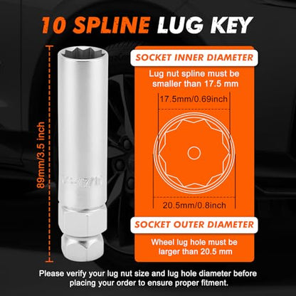 CASOMAN 10 Spline Lug Nut Key, Wheel Lock Removal Tool for Easy Removing and Installing Aftermarket & Factory Wheel Tire Lug Nuts, CR-V Steel - size: TA20-17/19