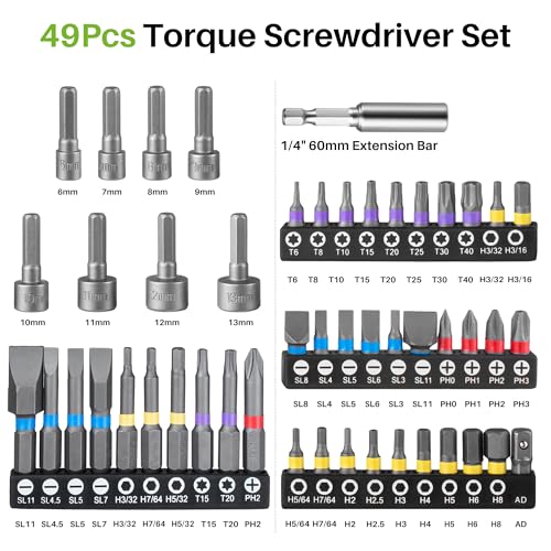 51Pcs Torque Screwdriver, 10-80In-lb for Maintenance, Gunsmithing | 1/4" Drive Torque Wrench Set, Inch Pound Torque Screwdriver with S2 Bits, Extension Bar for DIY, Bike Repairing, Gunsmith - size: 51Pcs