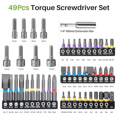 51Pcs Torque Screwdriver, 10-80In-lb for Maintenance, Gunsmithing | 1/4" Drive Torque Wrench Set, Inch Pound Torque Screwdriver with S2 Bits, Extension Bar for DIY, Bike Repairing, Gunsmith - size: 51Pcs