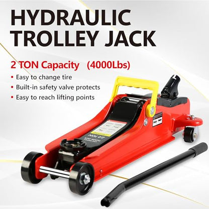 2T Low Profile Steel Floor Jack, 4000 lb, Single Pump, 3.3"-15.2" Lift, Red | Heavy-duty steel construction. Single piston quick lift pump. Low profile design. Safety overload protection. - size: 2T Single Pump 3.3"-15.2"(Red)