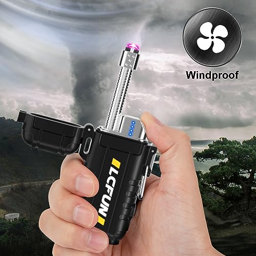 LcFun USB C Rechargeable Electric Lighter, Waterproof Plasma Lighters with LED Battery Display, Windproof Long Arc Lighters for Candle, Camping, Hiking, Outdoor Survival Gadgets for Men - color: Black, style: Flexible Arc With Flashlight