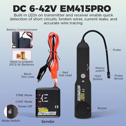 EM415Pro Automotive Wire Tracer Electrical Tool-Car Circuit Breaker Finder, Auto Circuit Fault Probe Tester, 6-42V Low-Voltage Open & Short Circuit Cable Tracker for Cars Truck Boat Trailers