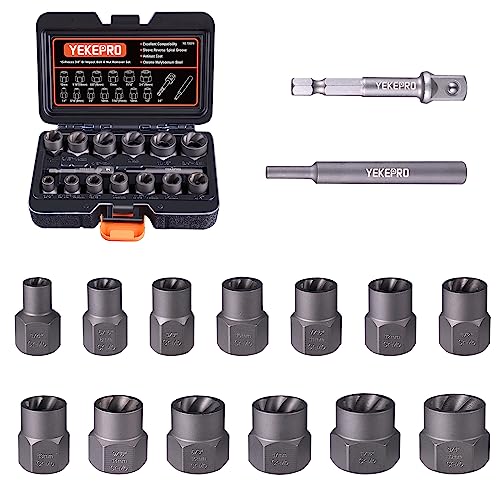 15 PCS Bolt Extractor Set, 3/8" Drive Impact Bolt & Nut Remover Socket Tool Kit, Stripped For Damaged, Frozen, Studs, Rusted, Rounded-Off Bolts, Nuts & Screws, Cr-Mo Steel, T38215 - size: 15-Piece Bolt Extractor Set