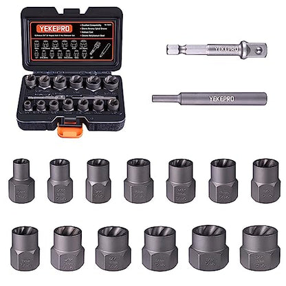 15 PCS Bolt Extractor Set, 3/8" Drive Impact Bolt & Nut Remover Socket Tool Kit, Stripped For Damaged, Frozen, Studs, Rusted, Rounded-Off Bolts, Nuts & Screws, Cr-Mo Steel, T38215 - size: 15-Piece Bolt Extractor Set