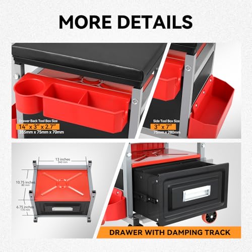 Auto Dynasty Universal Max 350 Lbs Red Stool Mechanic Rolling Creeper Seat with Tool Tray + Storage for Household Home Garage Warehouse Office