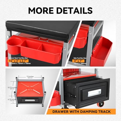 Auto Dynasty Universal Max 350 Lbs Red Stool Mechanic Rolling Creeper Seat with Tool Tray + Storage for Household Home Garage Warehouse Office
