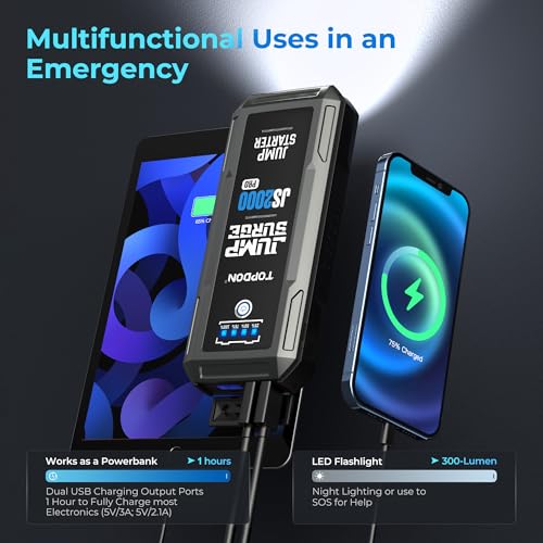 Car Battery Jump Starter, TOPDON 2000A Peak Jump Starter for Up to 8L Gas/6L Diesel Engines, 12V Portable Battery Booster Jump Starter Pack with Jumper Cables and EVA Protection Case - size: 2000A
