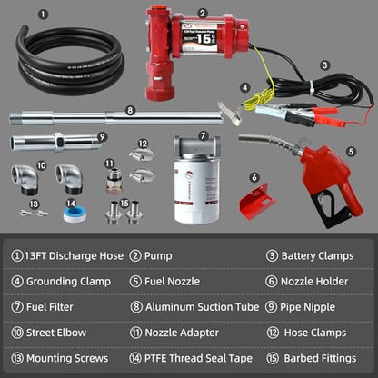 FMCNMech 12V Fuel Transfer Pump, 15 GPM Diesel Transfer Pump Kit with Automatic Shut-Off Nozzle, Heavy-Duty Fuel Pump with 13 ft Hose for Gasoline, Diesel & Kerosene - color: 15 GPM Gas & Diesel Pump