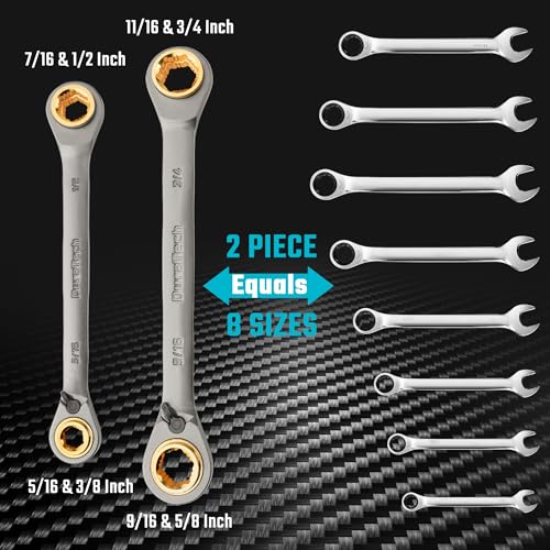 DURATECH 4-in-1 Anti-Slip Reversible Ratcheting Box Wrench Set, SAE | Double Box End, 2-Piece, 5/16", 3/8", 7/16", 1/2" & 9/16", 5/8", 11/16", 3/4", CR-V Steel, Nickel Plated, Rolling Pouch - style: Anti-slip & SAE