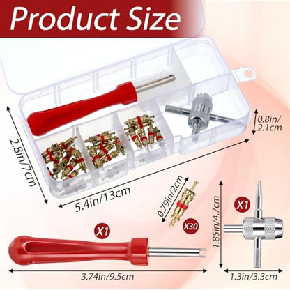 salbsever 32 PCS Tire Valve Core, Valve Core Removal Tool, ValveCore Universal Remover Tool Kit, Dual Head A/C Tire with Cores, Caps