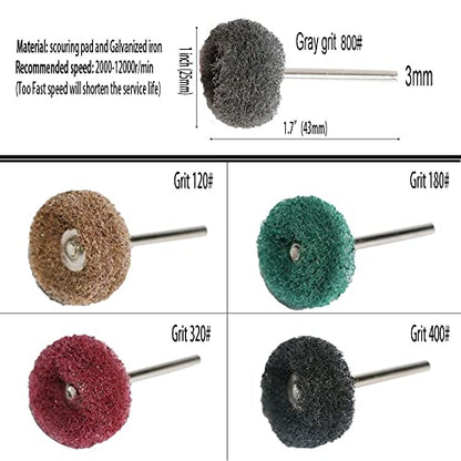FPPO 50PCS Abrasive Buffing Polishing Wheel Set for Rotary Tool,Mini scouring pad Brush Polishing kit, Removal of Rust,Deburring on Metal Surface,with 3mm Mandrel - style: mix50pcs