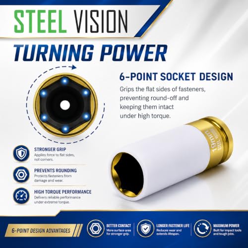 Steel Vision 1/2" Drive Lug Nut Impact Socket Set, 7 PC Metric 17, 19, 21, 22, 23, 24 & 27 mm，Cr-Mo Alloy Wheel Socket Set, Color-Coded Deep Lug Nut Impact Socket Set - color: 7pc Metric