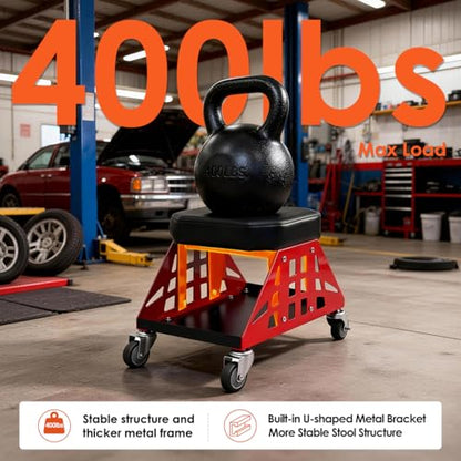 Heavy Duty Rolling Mechanics Seat,400 LBS Capacity Garage Stool, Tools for Automotive Auto Repair (Red) - color: Red