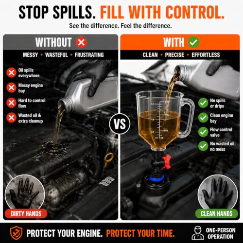 20-Piece No-Spill Engine Oil Funnel Kit with Brake Bleeder Hose and Mechanic Work Glove, 1.59QT/1.5L Set with 12 Adapters for Most Vehicles