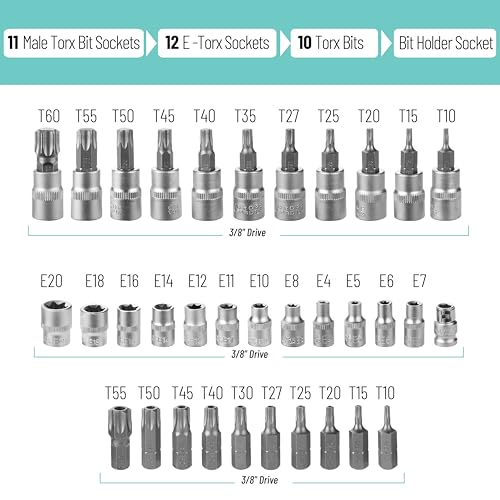 Bates- Male & Female Torx Bit Socket Set, 34 Pack, 3/8" Drive, CR-V Steel, Torx Bits T10-T55, E Sockets E4-E20, Socket T10-T60