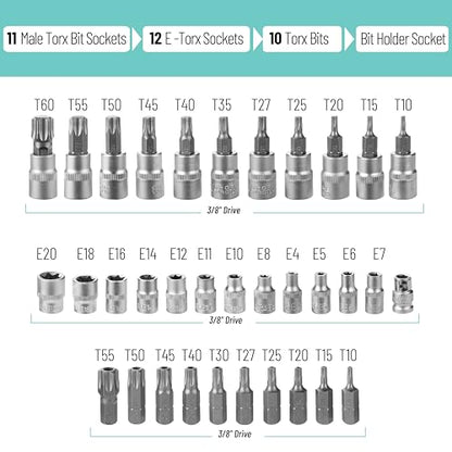 Bates- Male & Female Torx Bit Socket Set, 34 Pack, 3/8" Drive, CR-V Steel, Torx Bits T10-T55, E Sockets E4-E20, Socket T10-T60